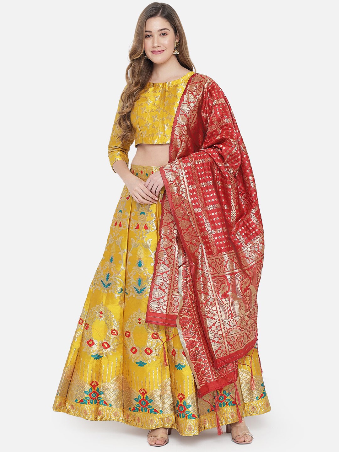 DIVASTRI Yellow & Red Banarasi Silk Ready to Wear Lehenga & Unstitched Blouse With Dupatta
DIVASTRI Yellow & Red Banarasi Silk Ready to Wear Lehenga & Unstitched Blouse With Dupatta