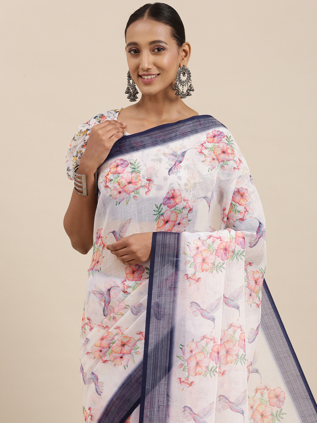 Rudra Fashion Off White & Pink Floral Printed Ikat Saree 
Rudra Fashion Off White & Pink Floral Printed Ikat Saree