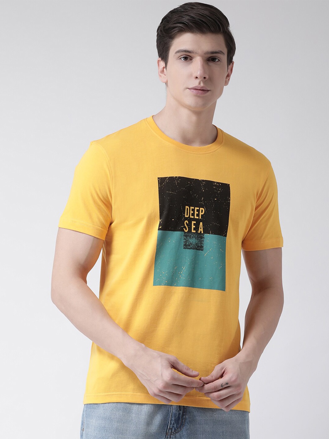 Club York Men Yellow Graphic Printed Cotton T-shirt