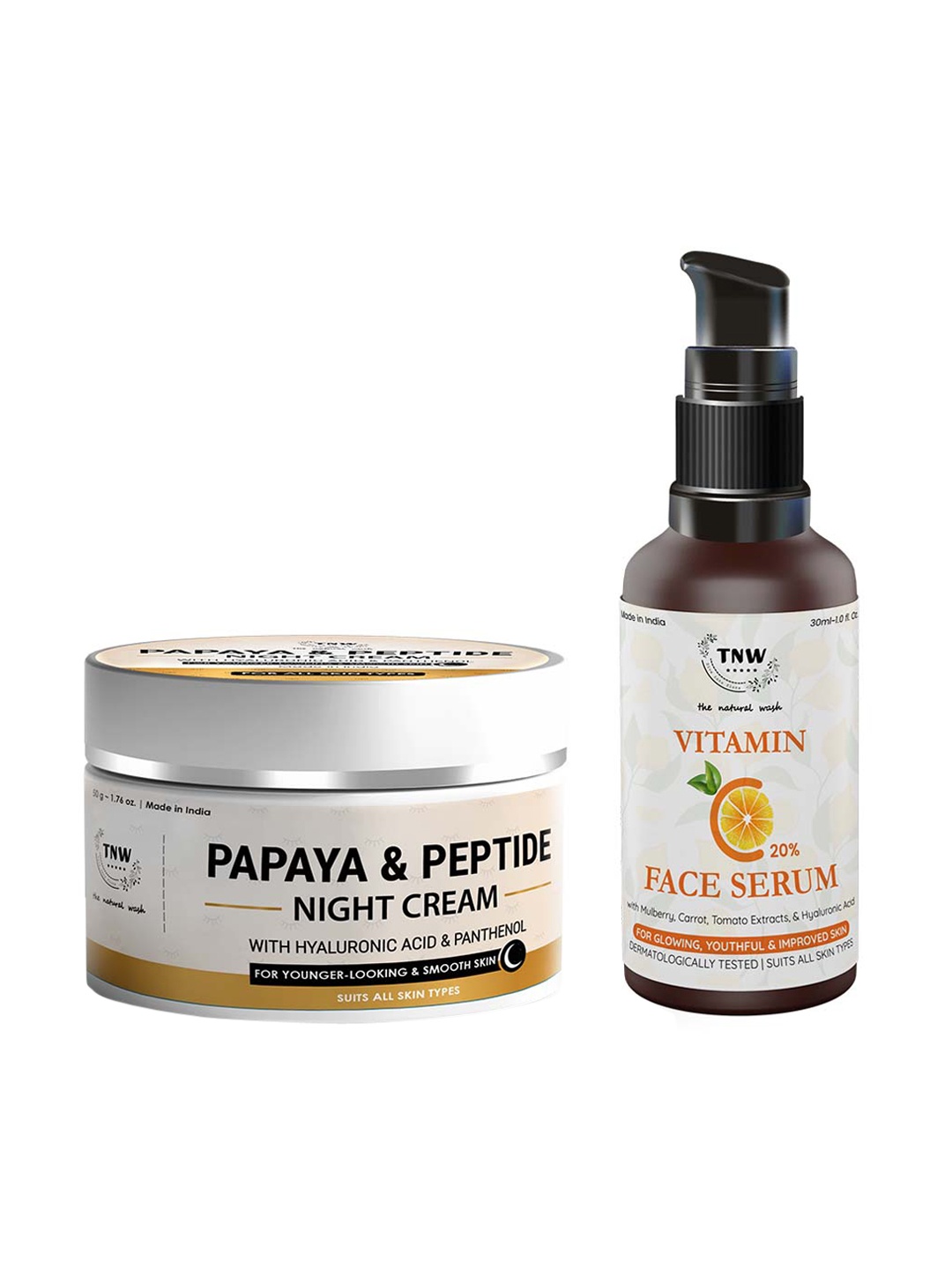TNW the natural wash Set of Papaya & Peptide Night Cream & Vitamin C Face Serum, Off white
TNW the natural wash Set of Papaya & Peptide Night Cream & Vitamin C Face Serum, Off white