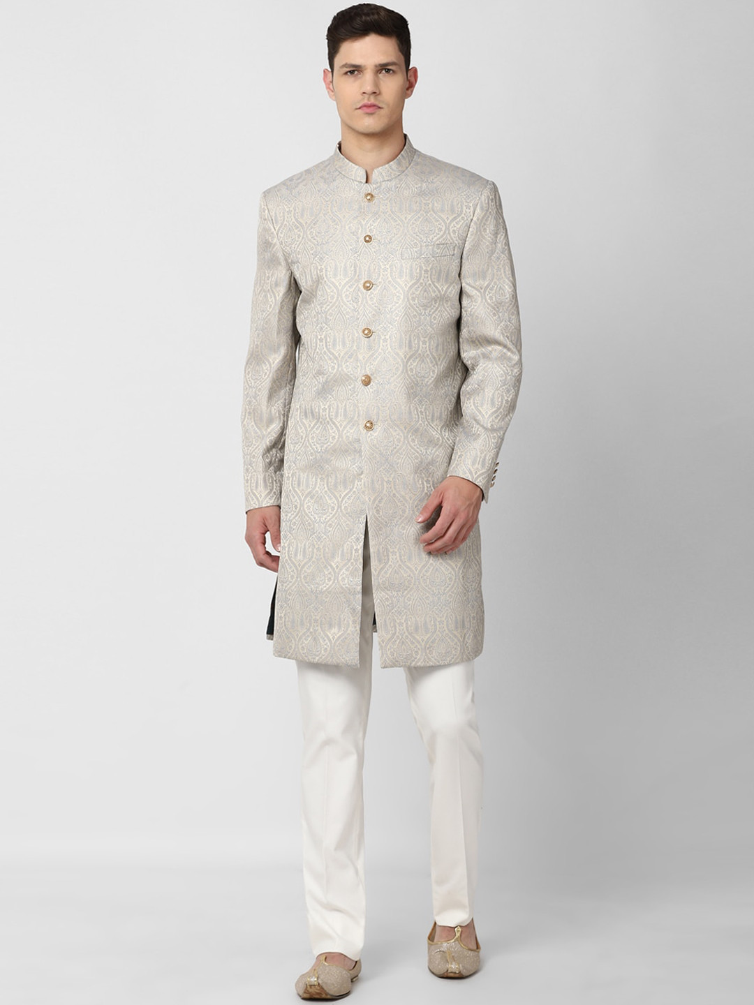 V Dot Men Grey & White Printed Mandarin Collar Slim Fit Sherwani
V Dot Men Grey & White Printed Mandarin Collar Slim Fit Sherwani