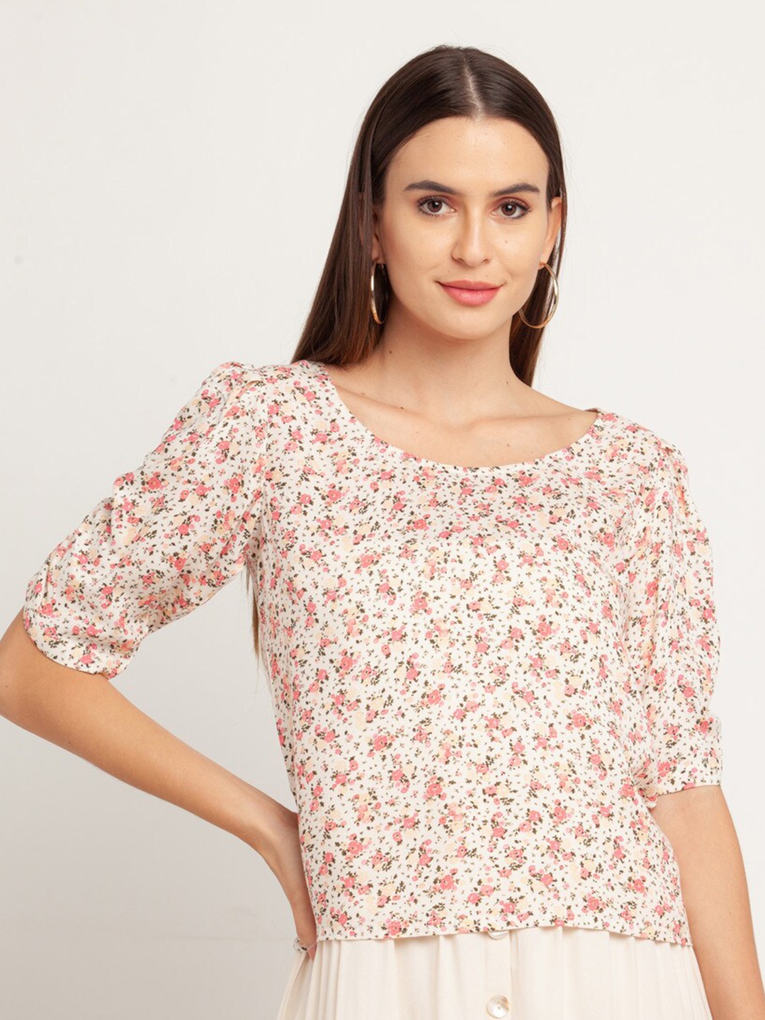 Zink London Off White & Pink Floral Print Top