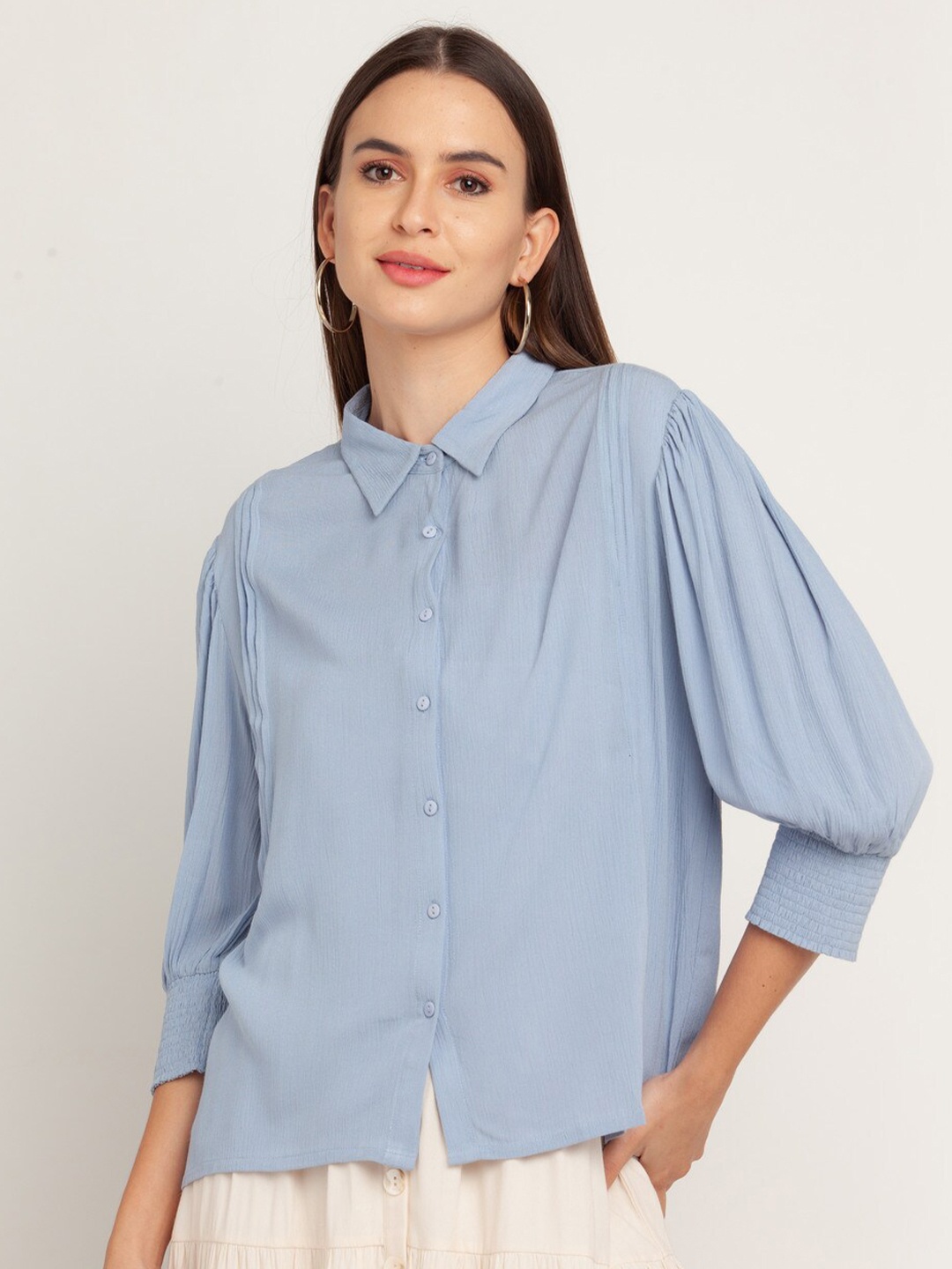 Zink London Blue Puff Sleeves Shirt Style Top