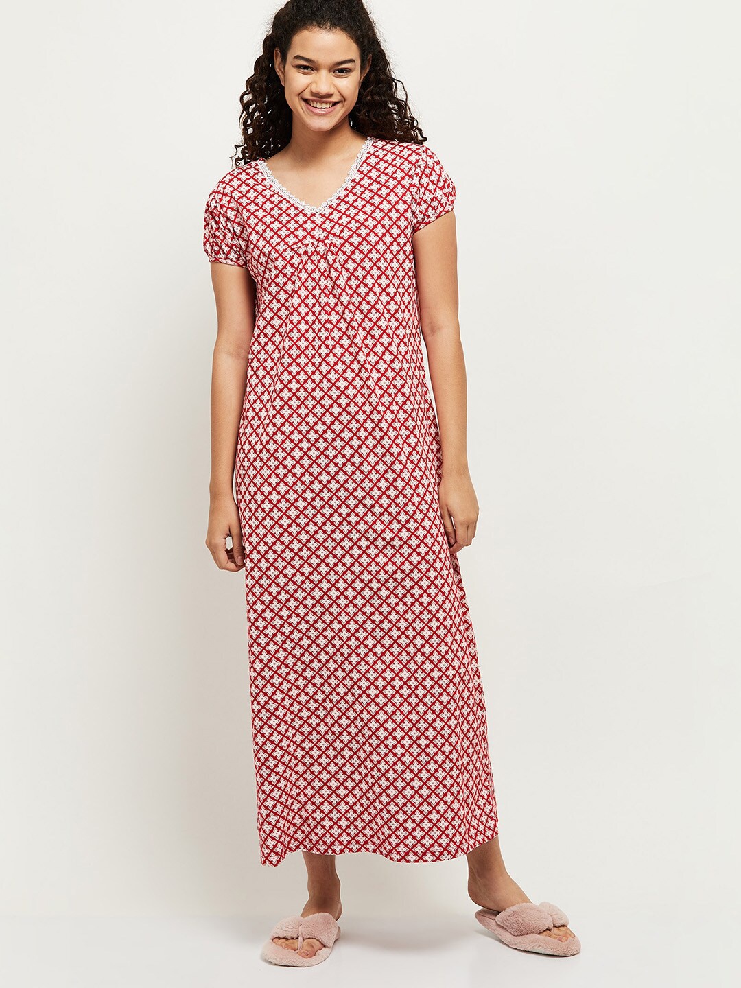 max Women Red Printed Maxi Nightdress