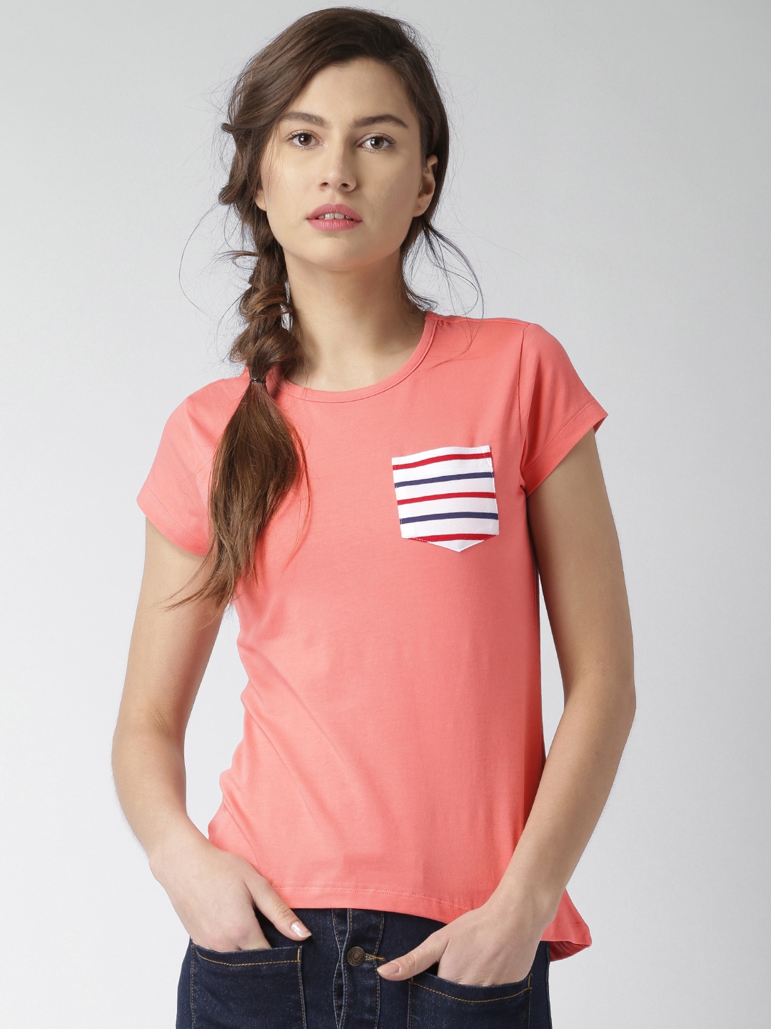 Mast & Harbour Women Peach Solid Round Neck T-shirt
