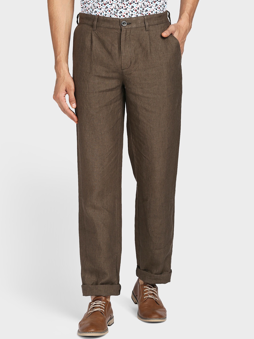 ColorPlus Men Green Pleated Linen Trousers