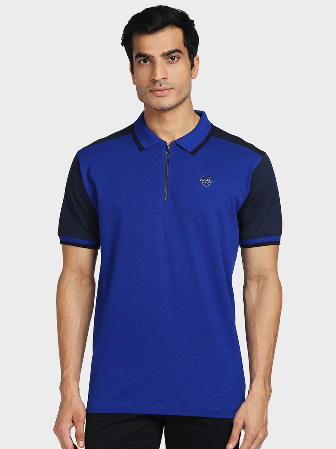 ColorPlus Men Blue & Black Polo Collar Cotton T-shirt