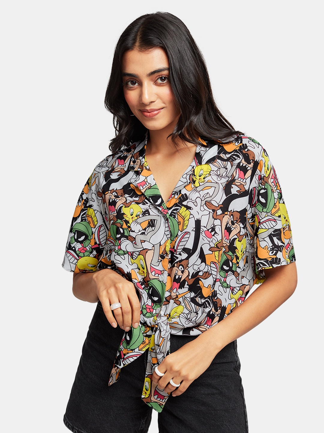 The Souled Store Women White & Yellow Comfort Printed Casual Shirt