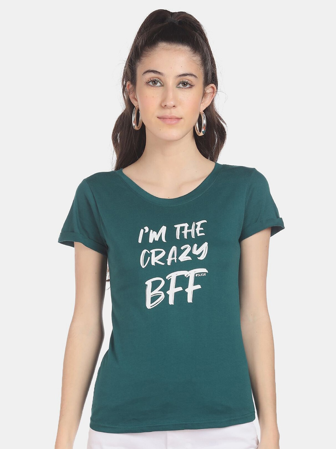 Sugr Women Teal Green Typography Printed Pure Cotton T-shirt