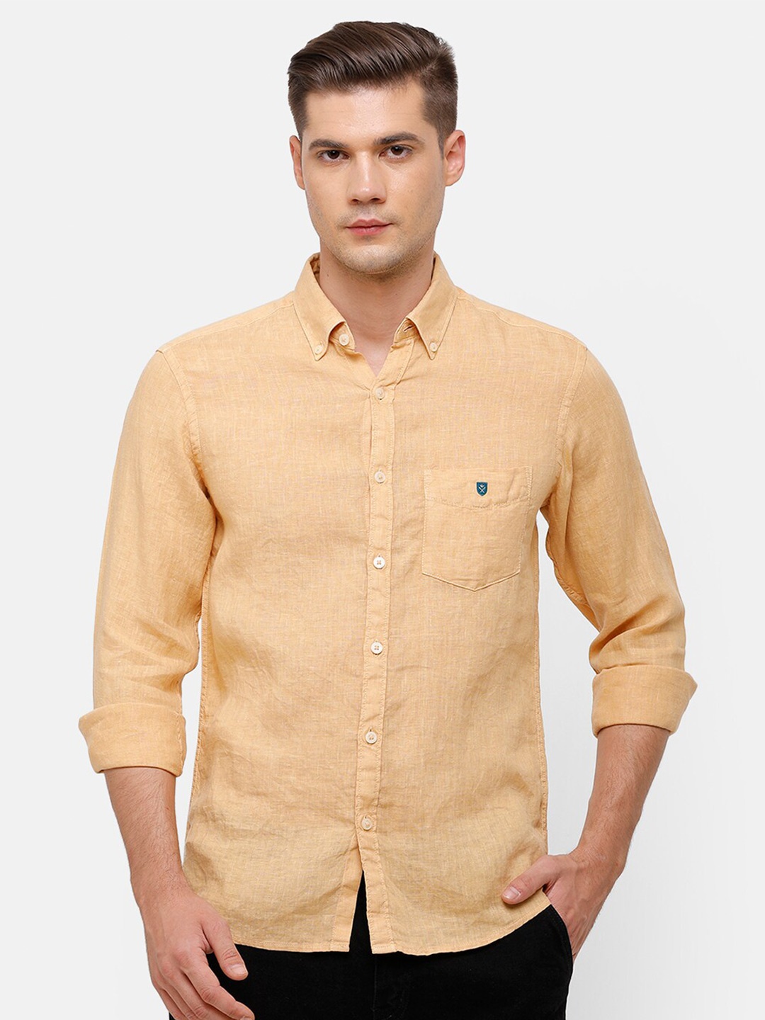 Linen Club Men Yellow Linen Casual Shirt