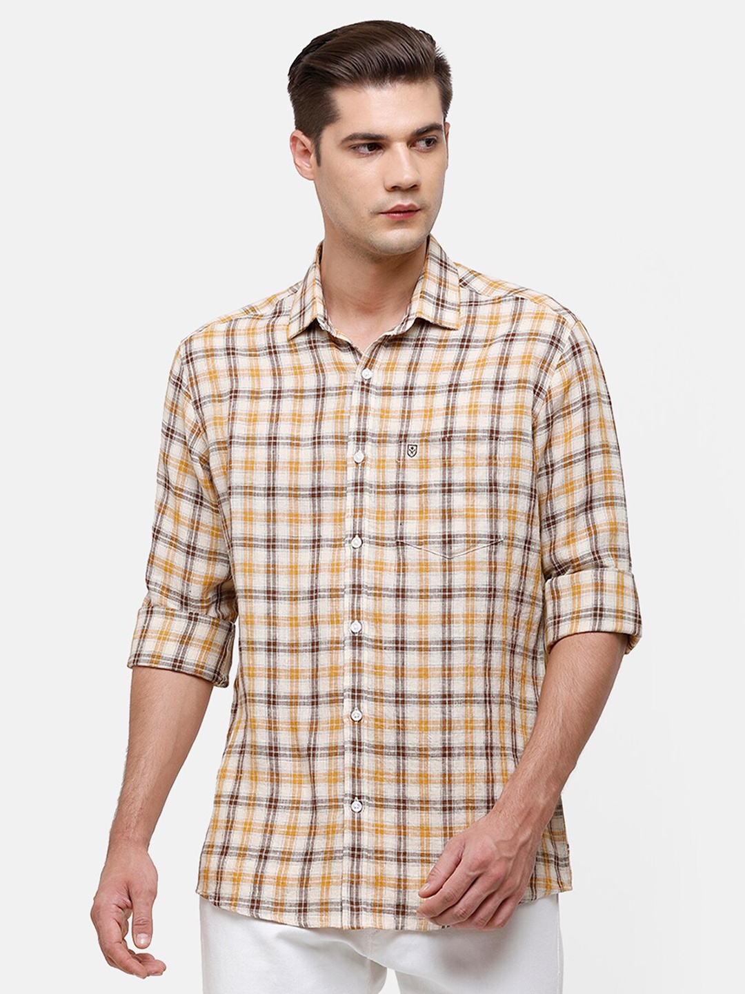 Linen Club Men Beige Tartan Checks Linen Casual Shirt