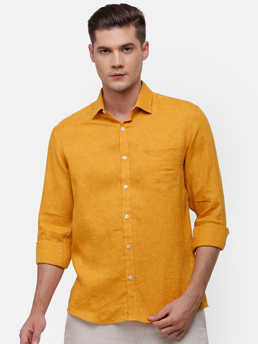 Linen Club Men Yellow Linen Casual Shirt