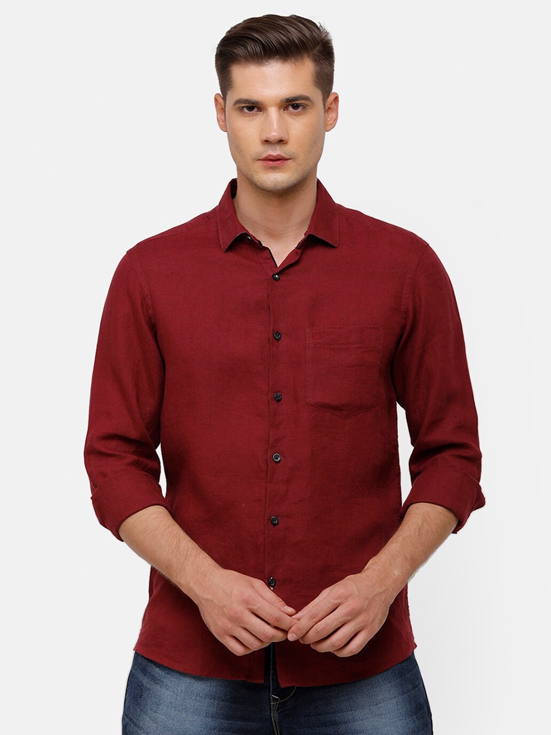 Linen Club Men Red Casual Shirt