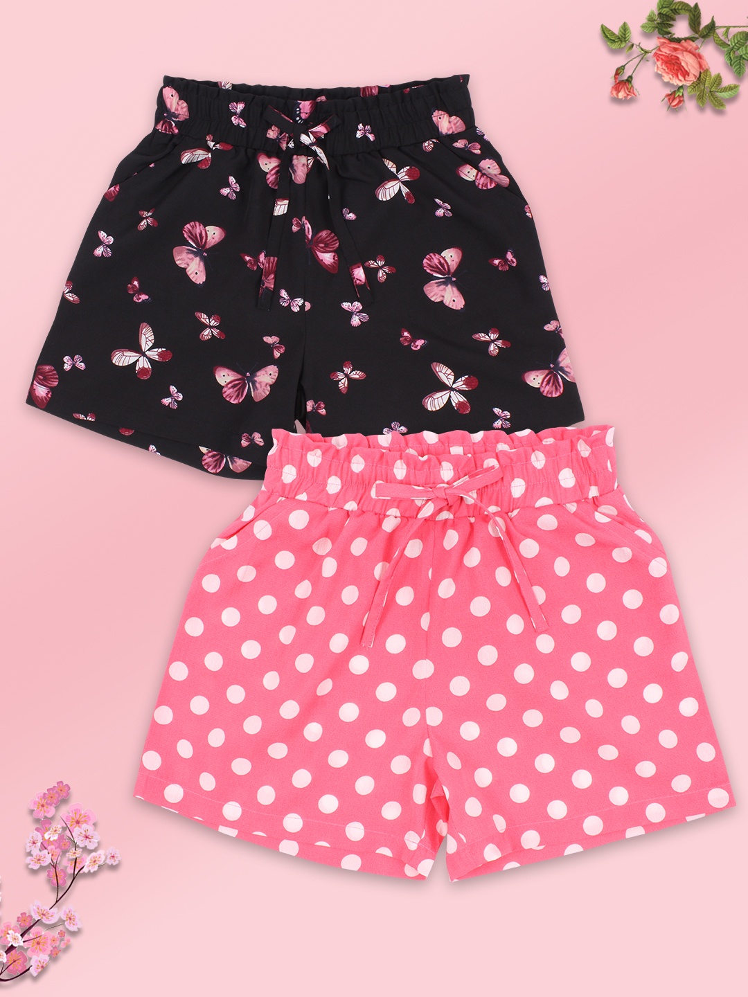 CUTECUMBER Girls Pack of 2 Printed Hot Pants Shorts, Pink