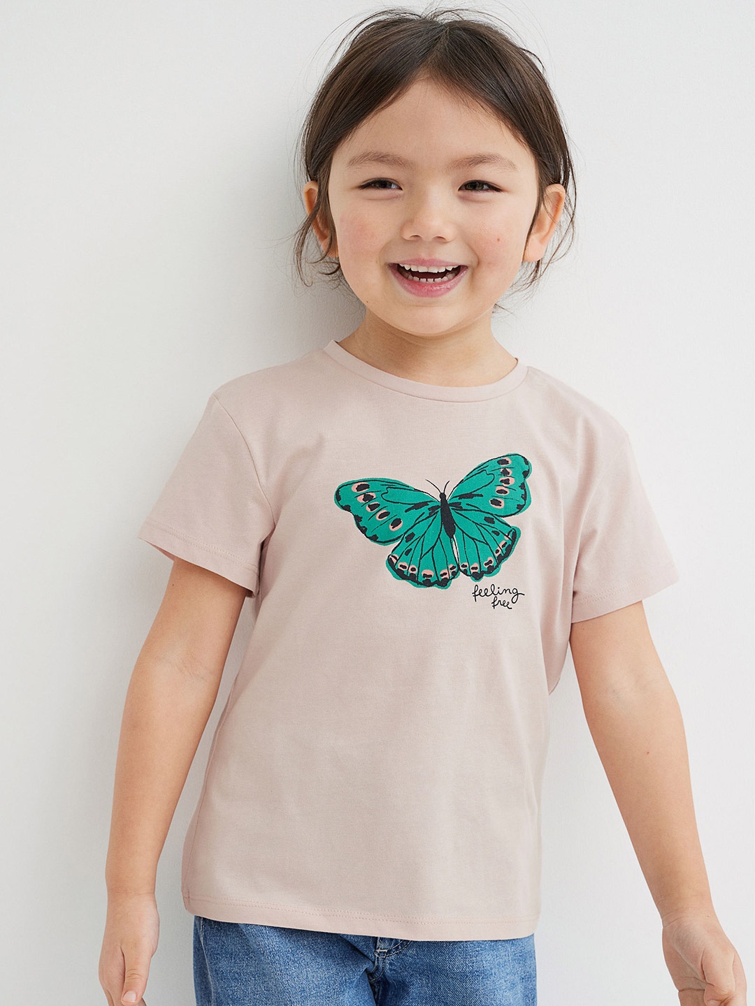 H&M Girls Pink Printed Cotton T-shirt