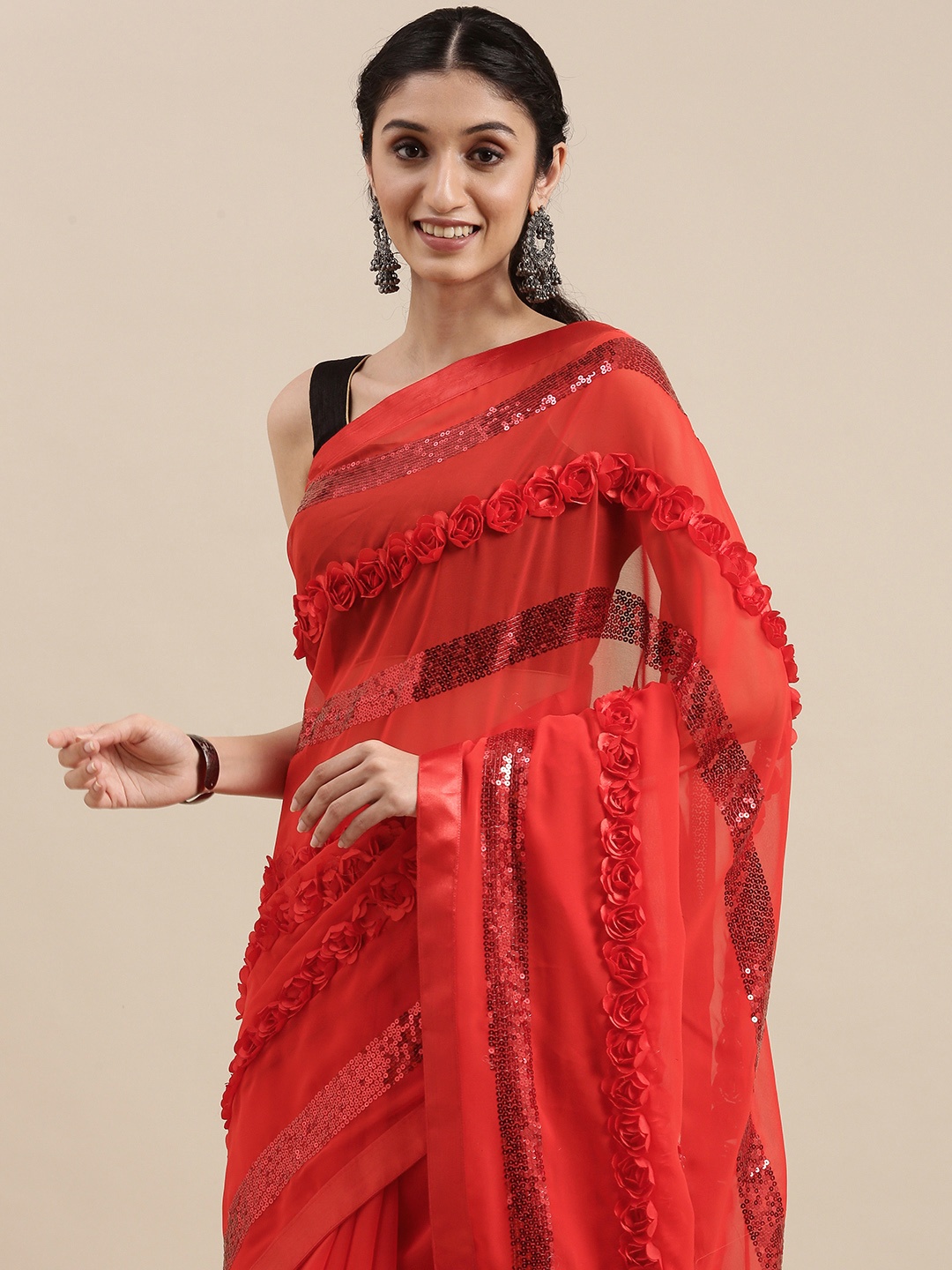 VASTRANAND Red Striped Sequinned Saree