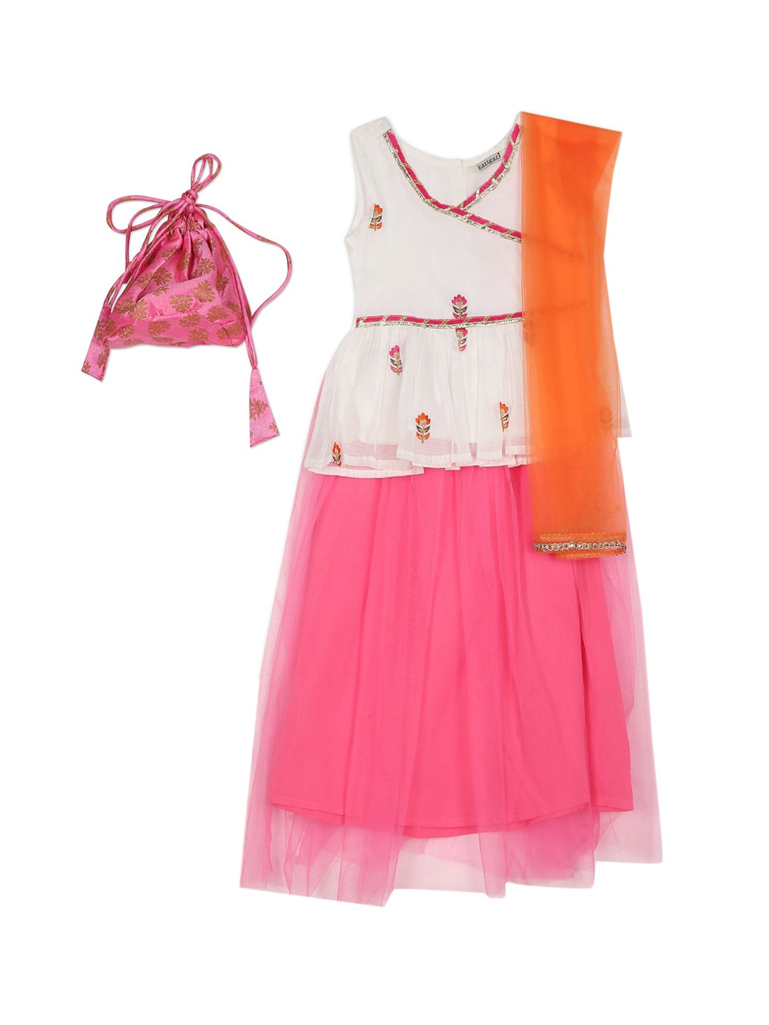 Karigari Girls White & Pink Angrakha Kurta Set with Potli