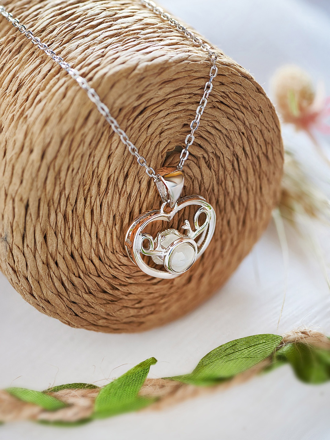SILBERRY Rhodium-Plated & White Heart Shaped Pendant With Chain, Silver