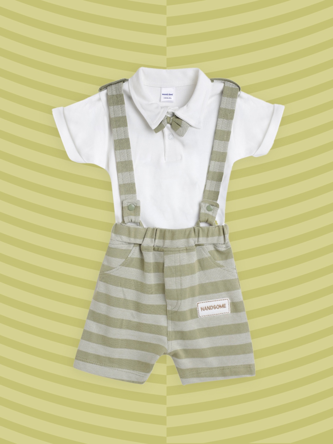 Moms Love Infant Boys White & Olive Green Striped Bow-Tie Applique Cotton Clothing Set
Moms Love Infant Boys White & Olive Green Striped Bow-Tie Applique Cotton Clothing Set