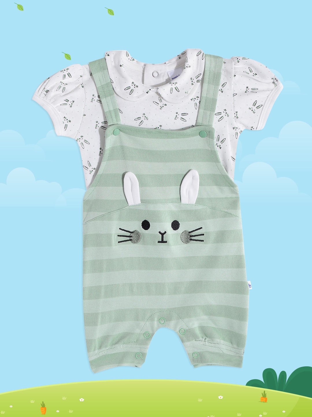 Moms Love Infant Girls Mint Green & White Striped & Applique Cotton Dungarees with Top
Moms Love Infant Girls Mint Green & White Striped & Applique Cotton Dungarees with Top