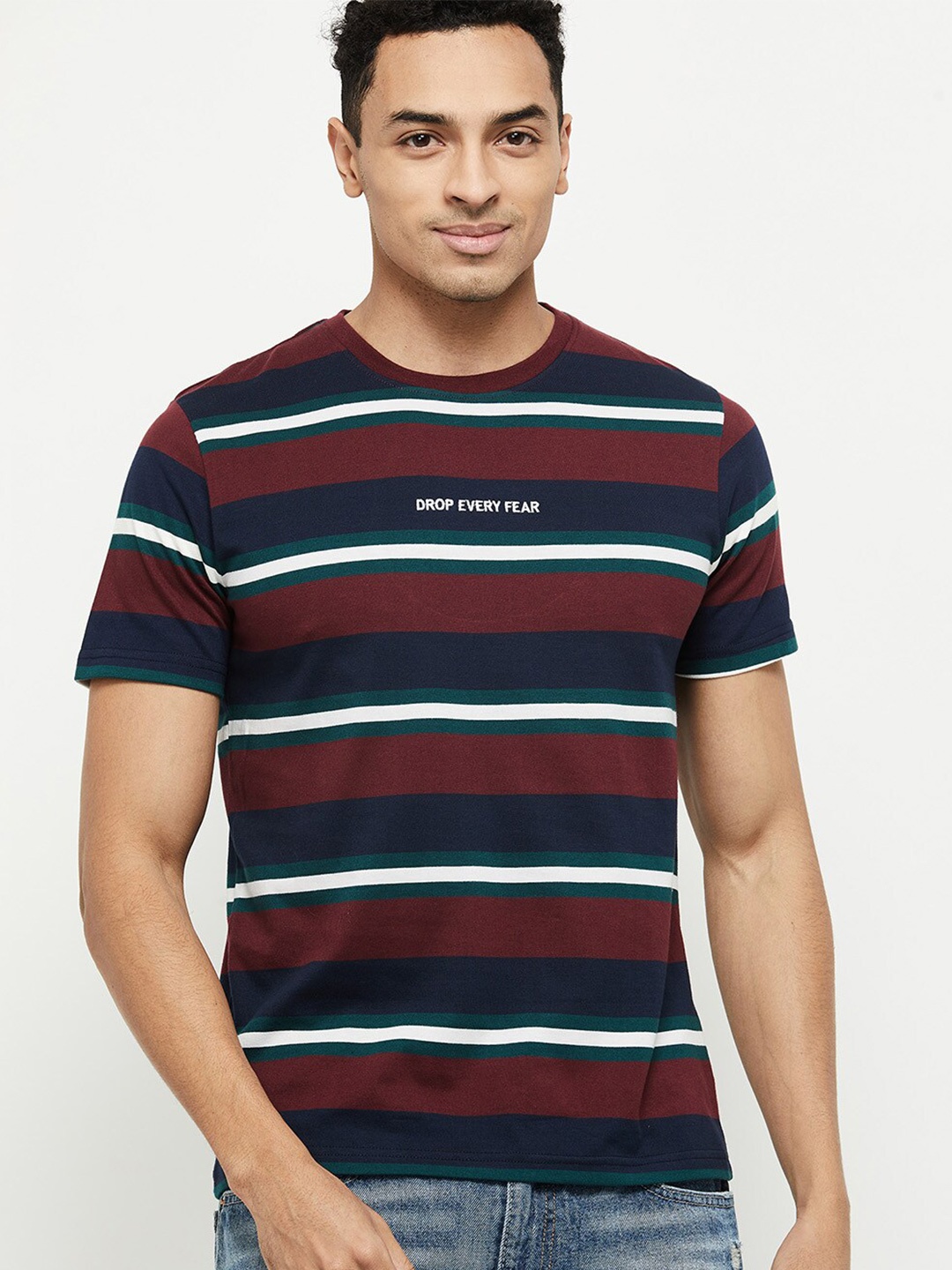 max Men Red & Navy Blue Striped T-shirt