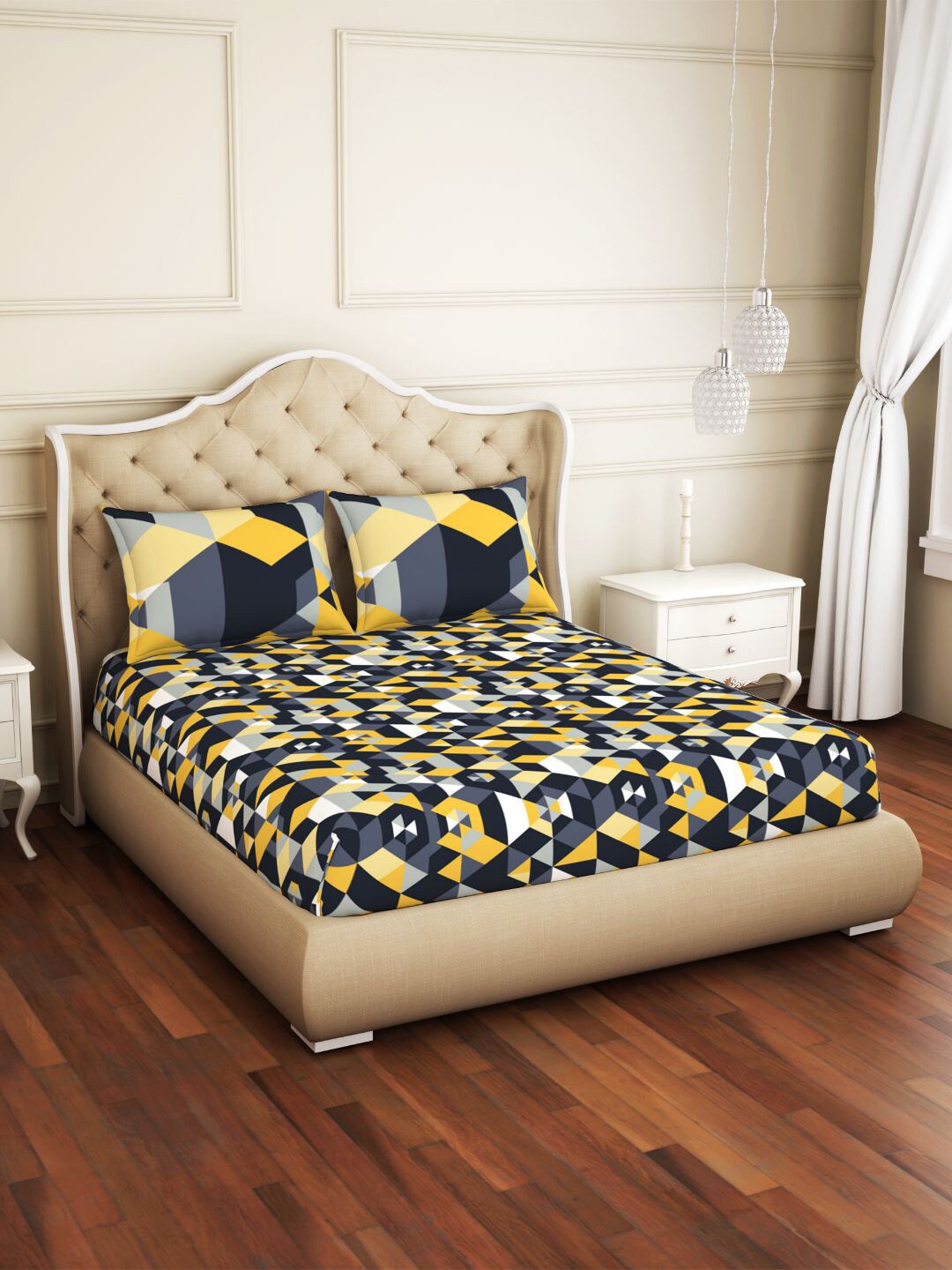 SPACES Black & Yellow Geometric Pure Cotton 144 TC Queen Bedsheet with 2 Pillow Covers
SPACES Black & Yellow Geometric Pure Cotton 144 TC Queen Bedsheet with 2 Pillow Covers