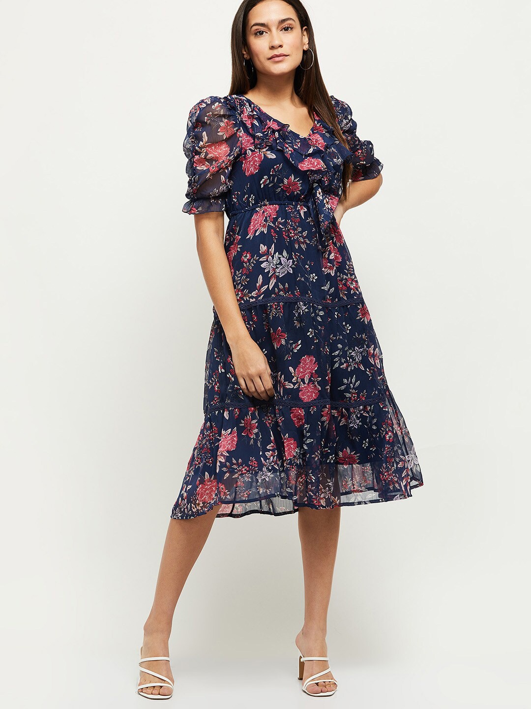 max Navy Blue Floral A-Line Dress