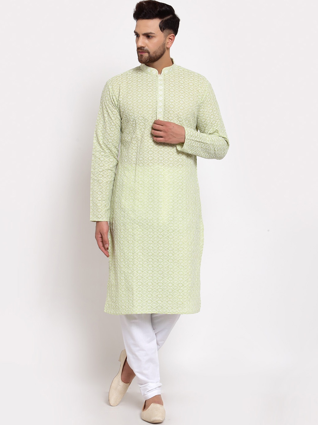 MOHANLAL SONS Men Lime Green & White Embroidered Chikankari Cotton Kurta with Churidar
MOHANLAL SONS Men Lime Green & White Embroidered Chikankari Cotton Kurta with Churidar