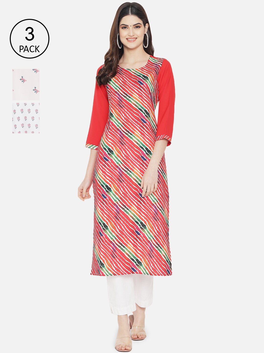 Ethnic basket Women Pack Of 3 Straight Kurtas, Red