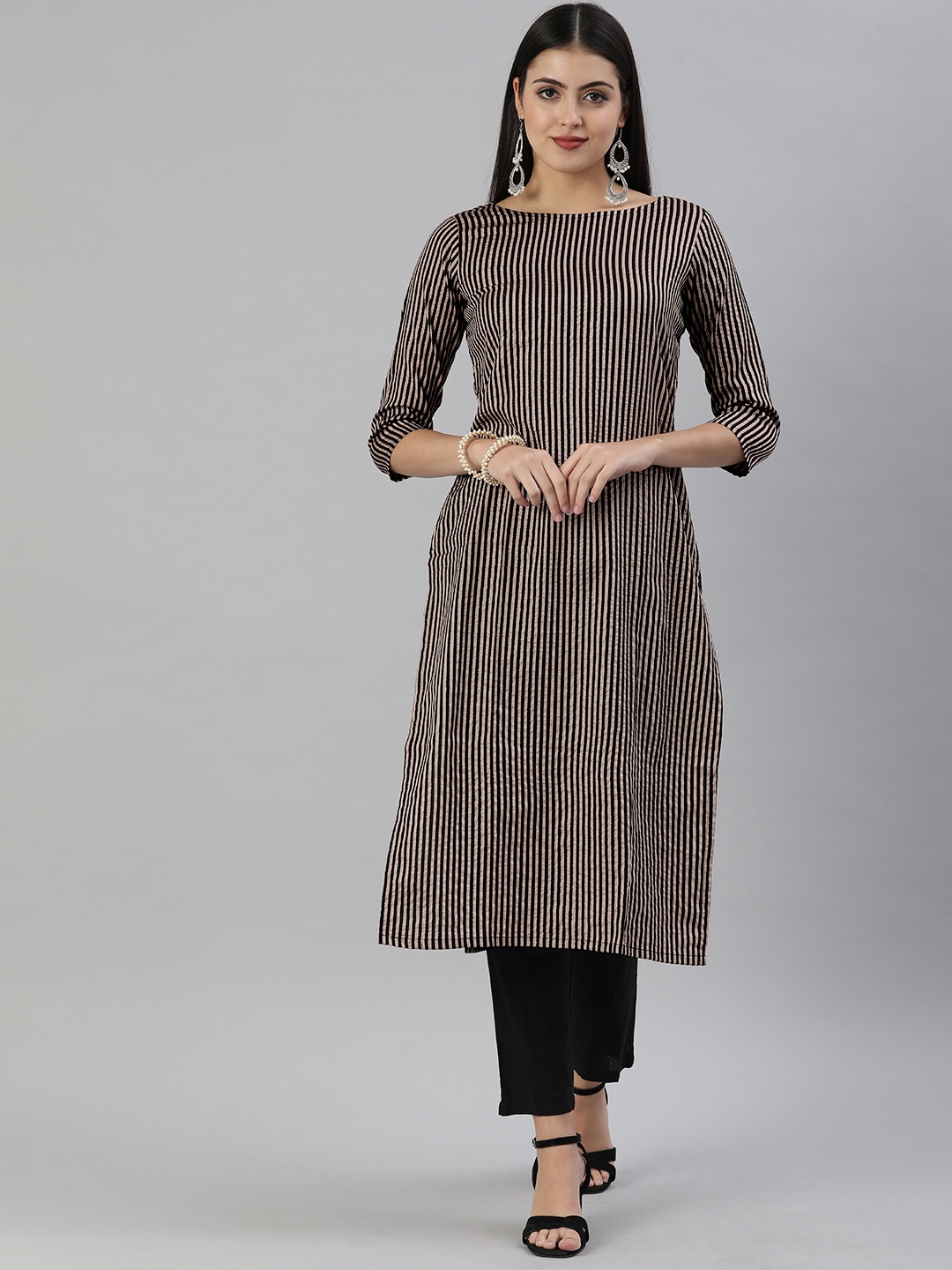 KALINI Women Beige & Black Striped Straight Kurta