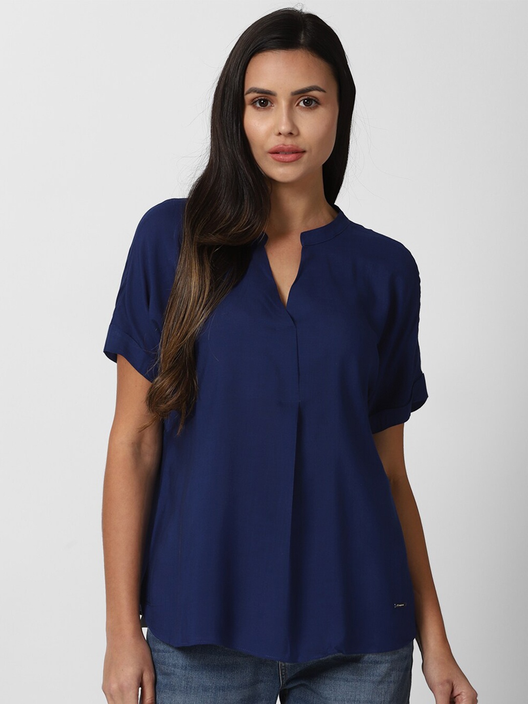 Van Heusen Woman Navy Blue Mandarin Collar Top