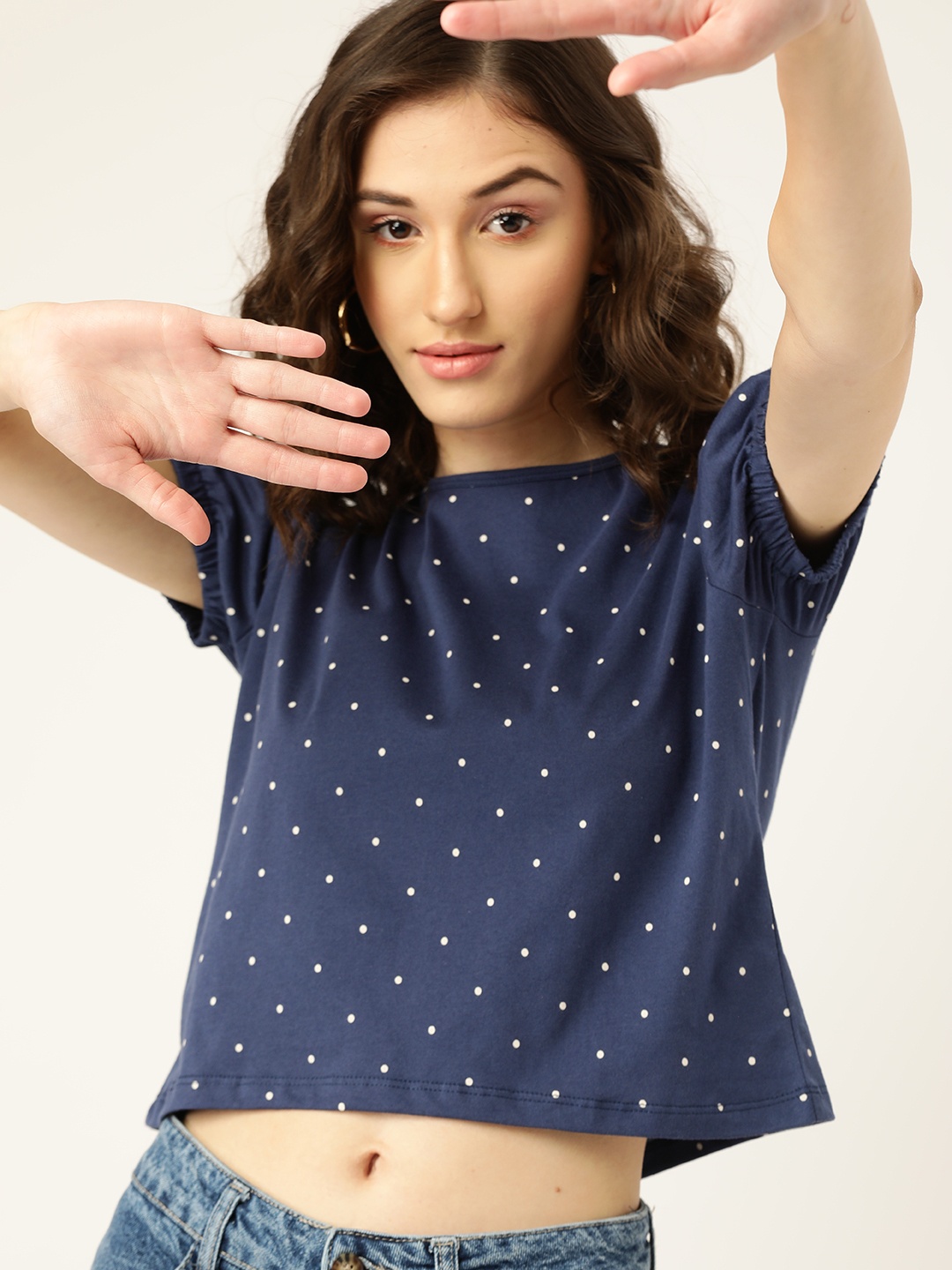 DressBerry Women Navy Blue & White Polka Dot Printed Puff Sleeves Pure Cotton T-shirt
DressBerry Women Navy Blue & White Polka Dot Printed Puff Sleeves Pure Cotton T-shirt