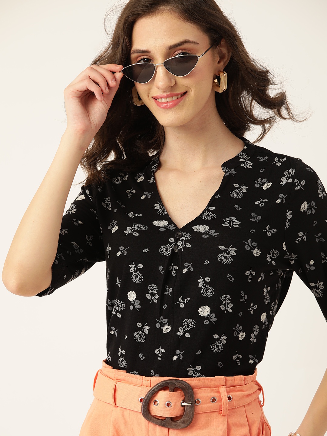 DressBerry Black & Grey Floral Print Mandarin Collar Top