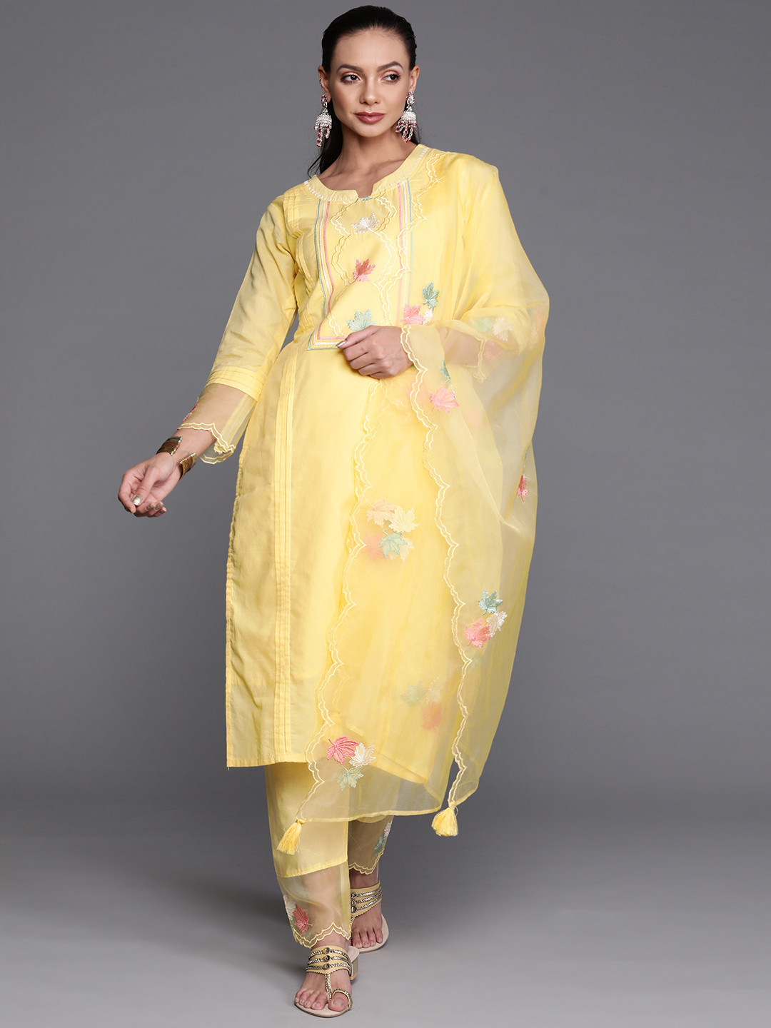Indo Era Women Yellow & Pink Floral Embroidered Thread Work Kurta with Trousers & Dupatta
Indo Era Women Yellow & Pink Floral Embroidered Thread Work Kurta with Trousers & Dupatta