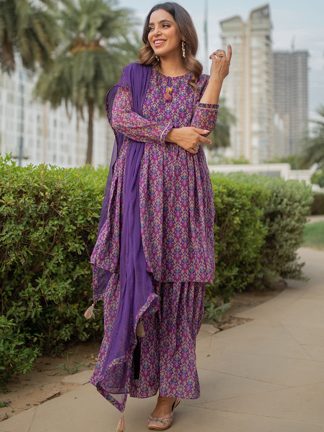 Libas Women Multicoloured Ethnic Motifs Print Pleated A-Line Kurta with Sharara Dupatta, Multi
Libas Women Multicoloured Ethnic Motifs Print Pleated A-Line Kurta with Sharara Dupatta, Multi