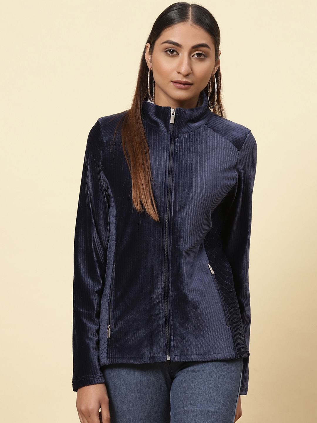 Lakshita Self Design Mock Collar Cotton Parka Jacket, Blue