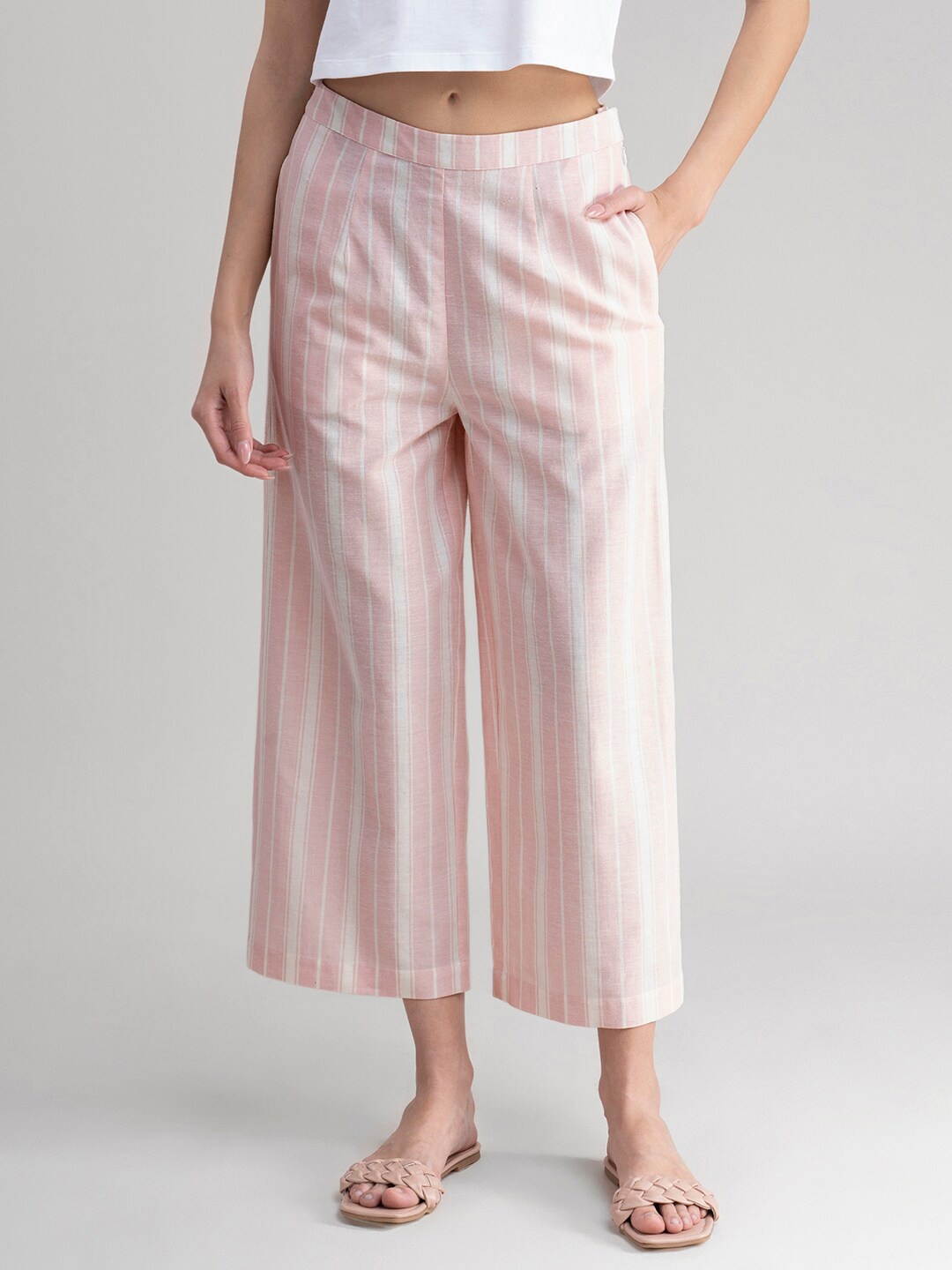 Pink Fort Women White & Pink Striped Cropped Cotton Palazzos