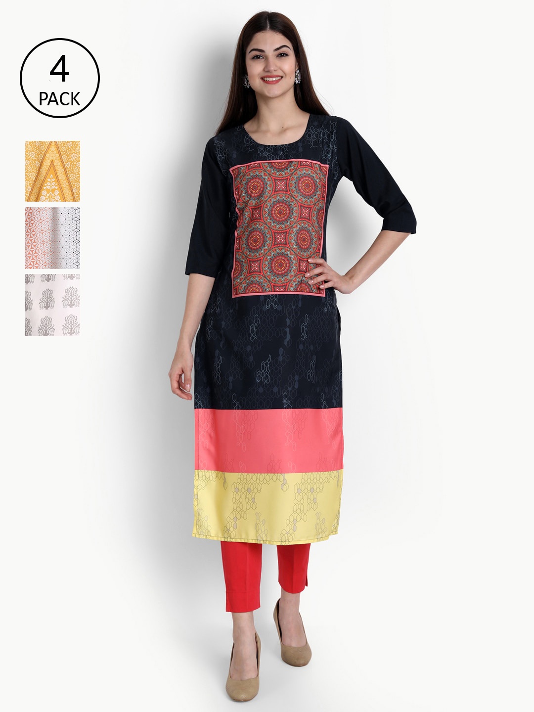 Ethnic basket Women Pack of 4 Multicoloured Ethnic Motifs Printed Crepe Kurta, Multi
Ethnic basket Women Pack of 4 Multicoloured Ethnic Motifs Printed Crepe Kurta, Multi
