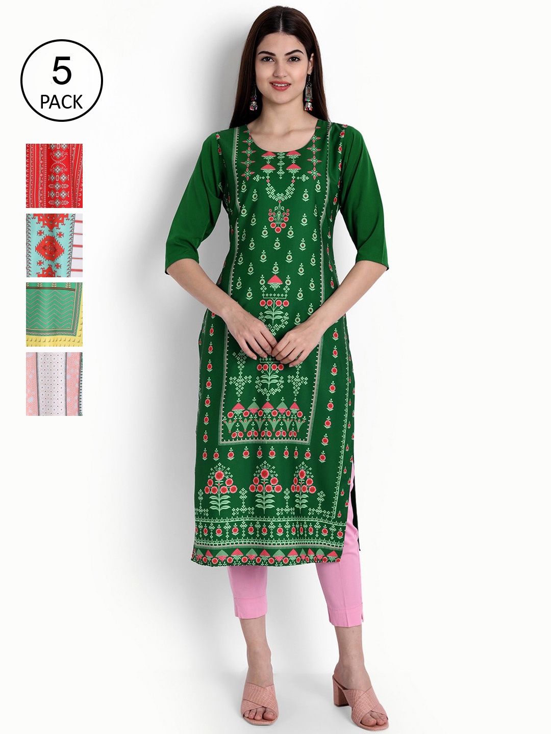 Ethnic basket Women Pack of 5 Multicoloured Ethnic Motifs Printed Crepe Kurta, Multi
Ethnic basket Women Pack of 5 Multicoloured Ethnic Motifs Printed Crepe Kurta, Multi