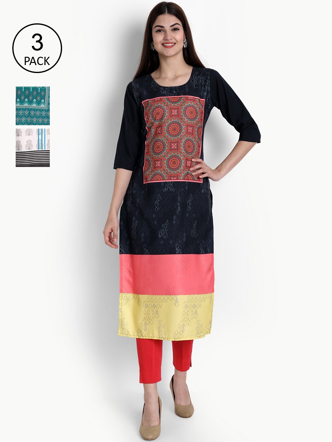 Ethnic basket Women Pack of 3 Multicoloured Ethnic Motifs Printed Crepe Kurta, Multi
Ethnic basket Women Pack of 3 Multicoloured Ethnic Motifs Printed Crepe Kurta, Multi