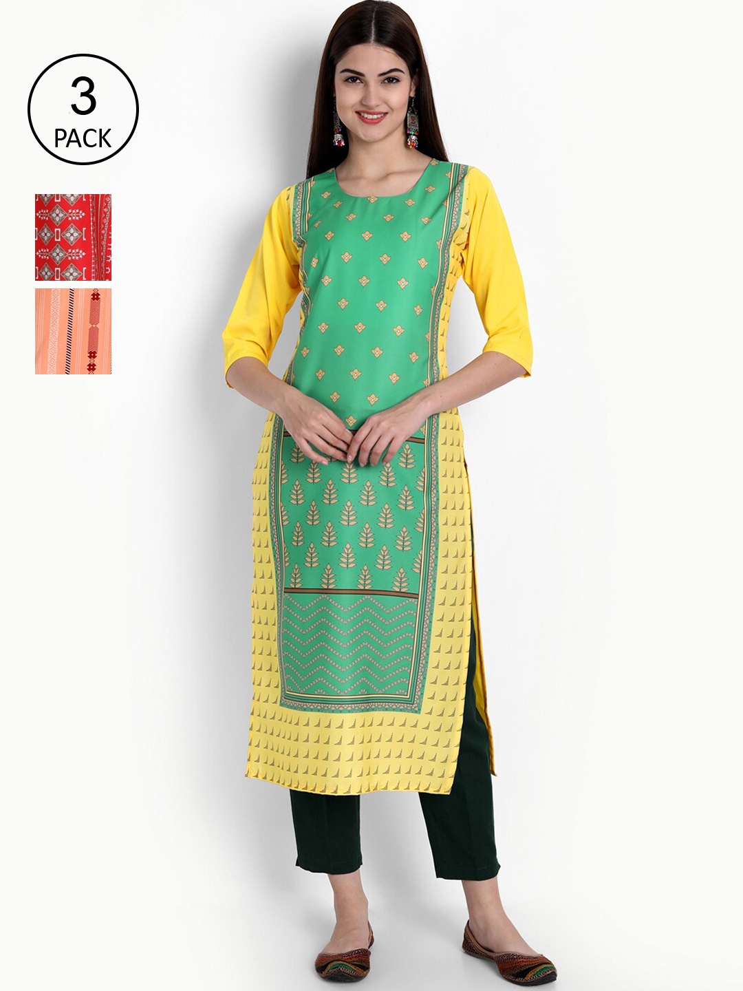 Ethnic basket Women Pack of 3 Multicoloured Ethnic Motifs Printed Crepe Kurtas, Multi
Ethnic basket Women Pack of 3 Multicoloured Ethnic Motifs Printed Crepe Kurtas, Multi