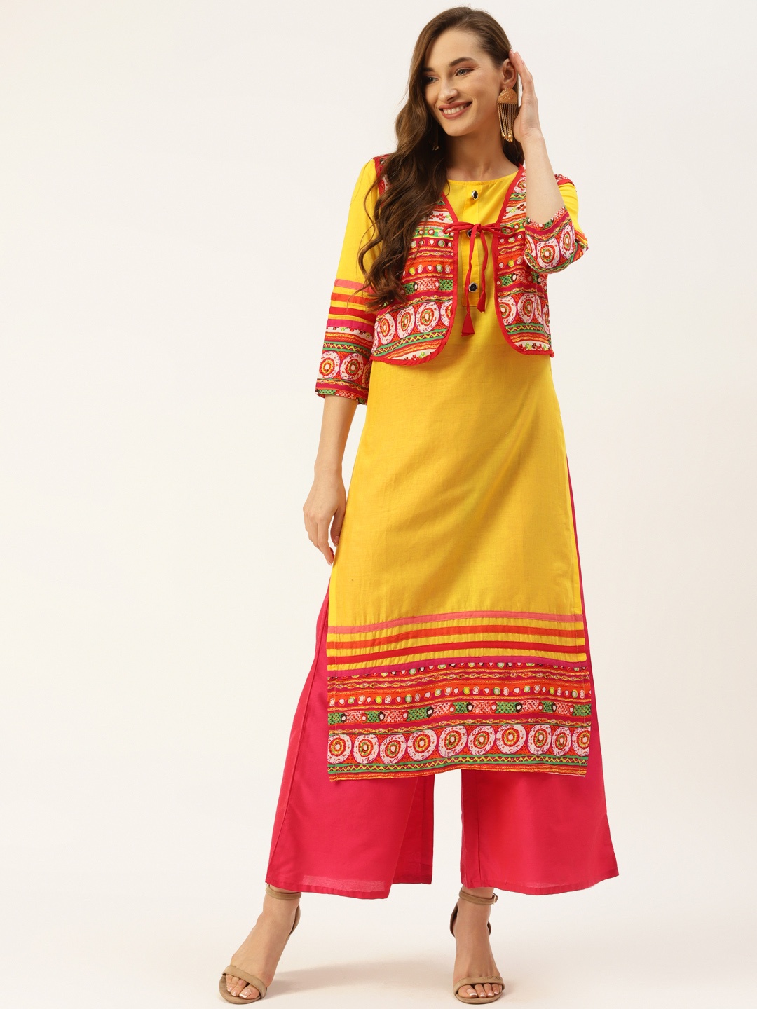 Alsace Lorraine Paris Women Mustard Yellow & Red Geometric Printed Kurta with Jacket
Alsace Lorraine Paris Women Mustard Yellow & Red Geometric Printed Kurta with Jacket
