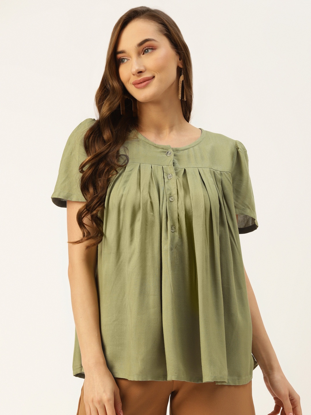 Alsace Lorraine Paris Olive Green Pleated Top