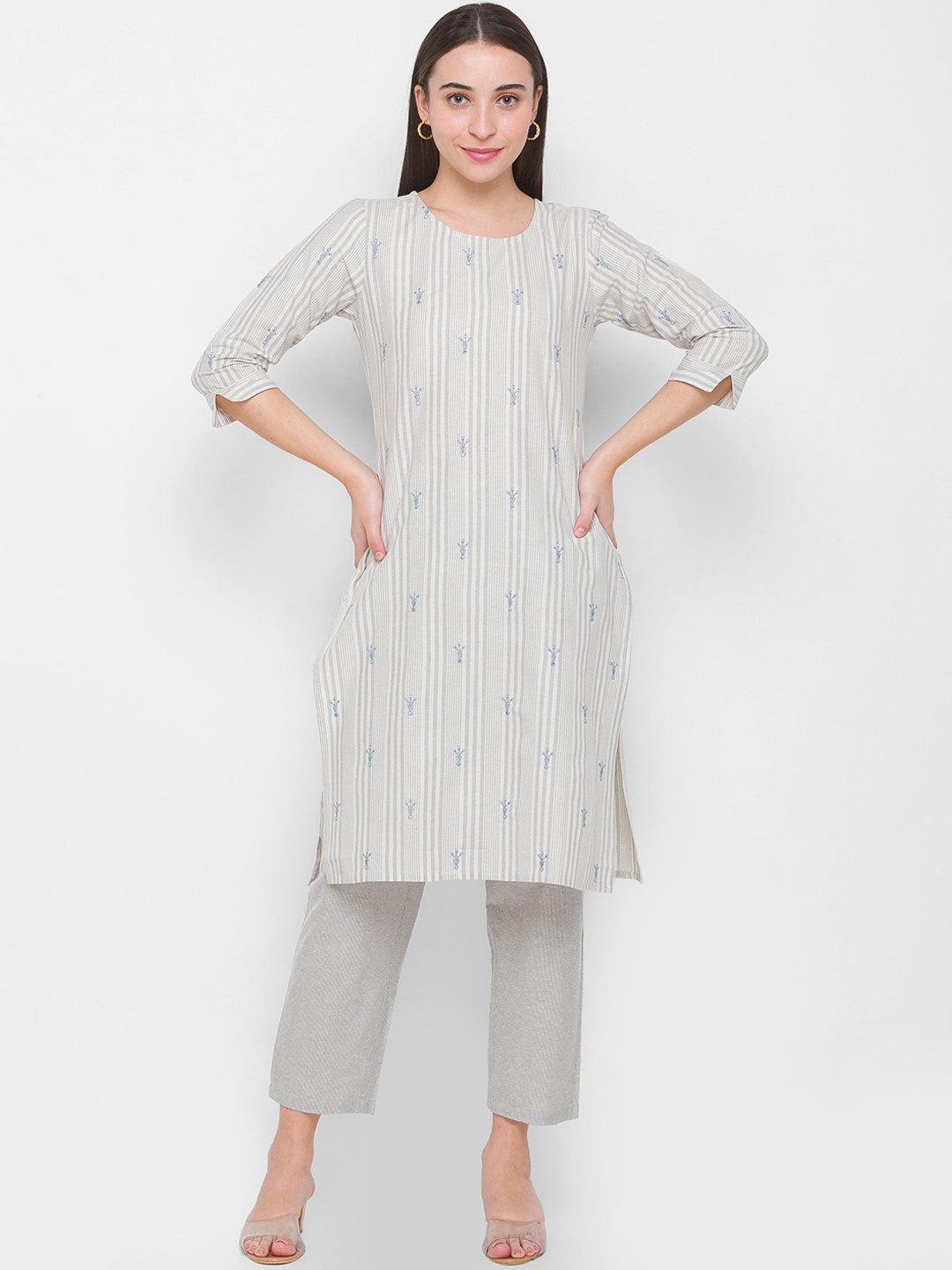 Globus Women Grey Striped Regular Sequinned Pure Cotton Kurti with Trousers
Globus Women Grey Striped Regular Sequinned Pure Cotton Kurti with Trousers