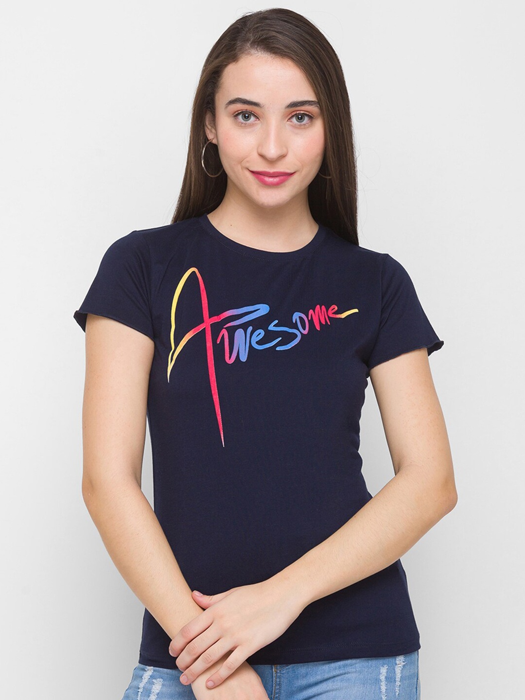 Globus Navy Blue Typography Printed T-shirt