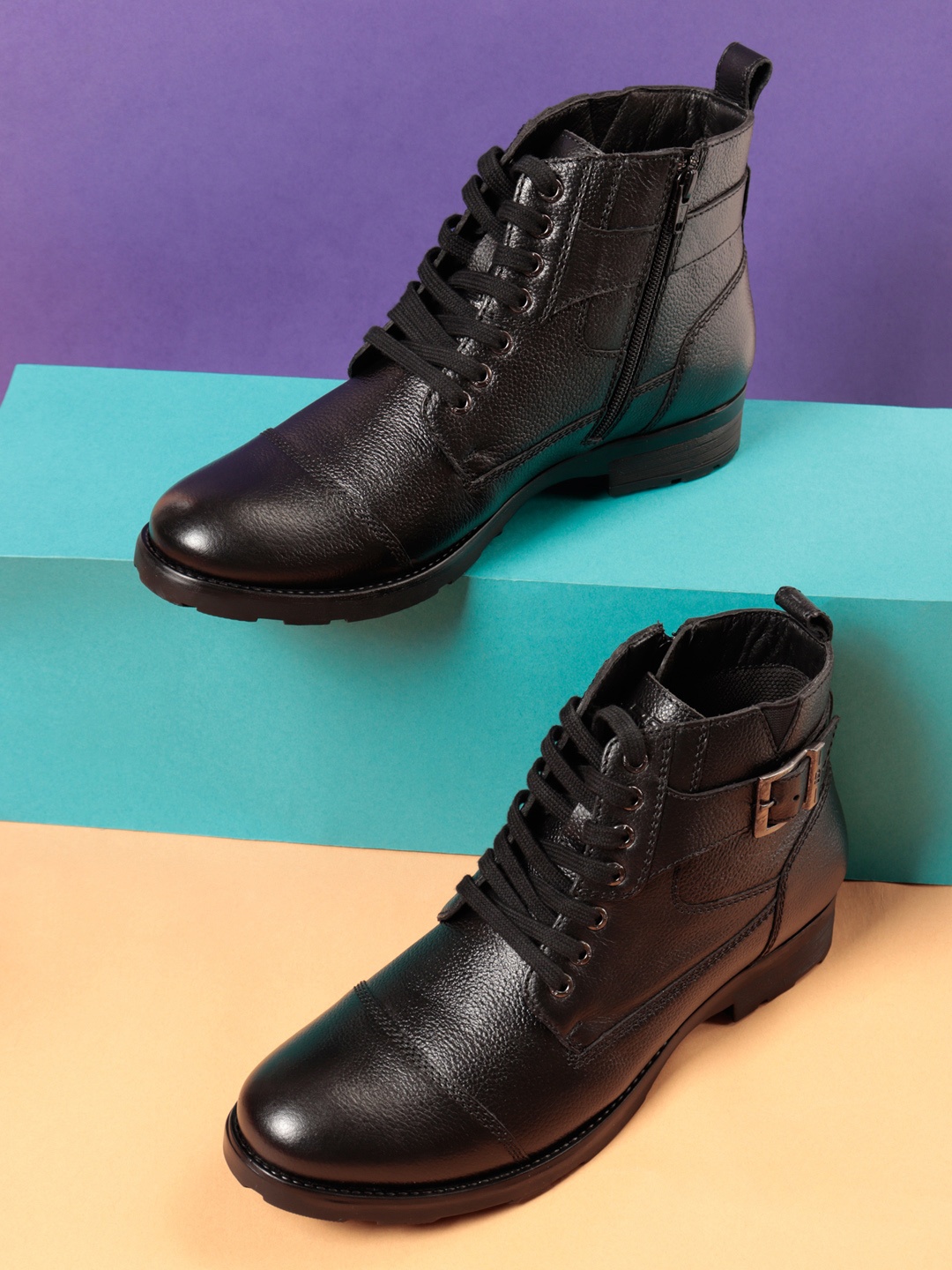 ID Men Black Leather Flat Biker Boots