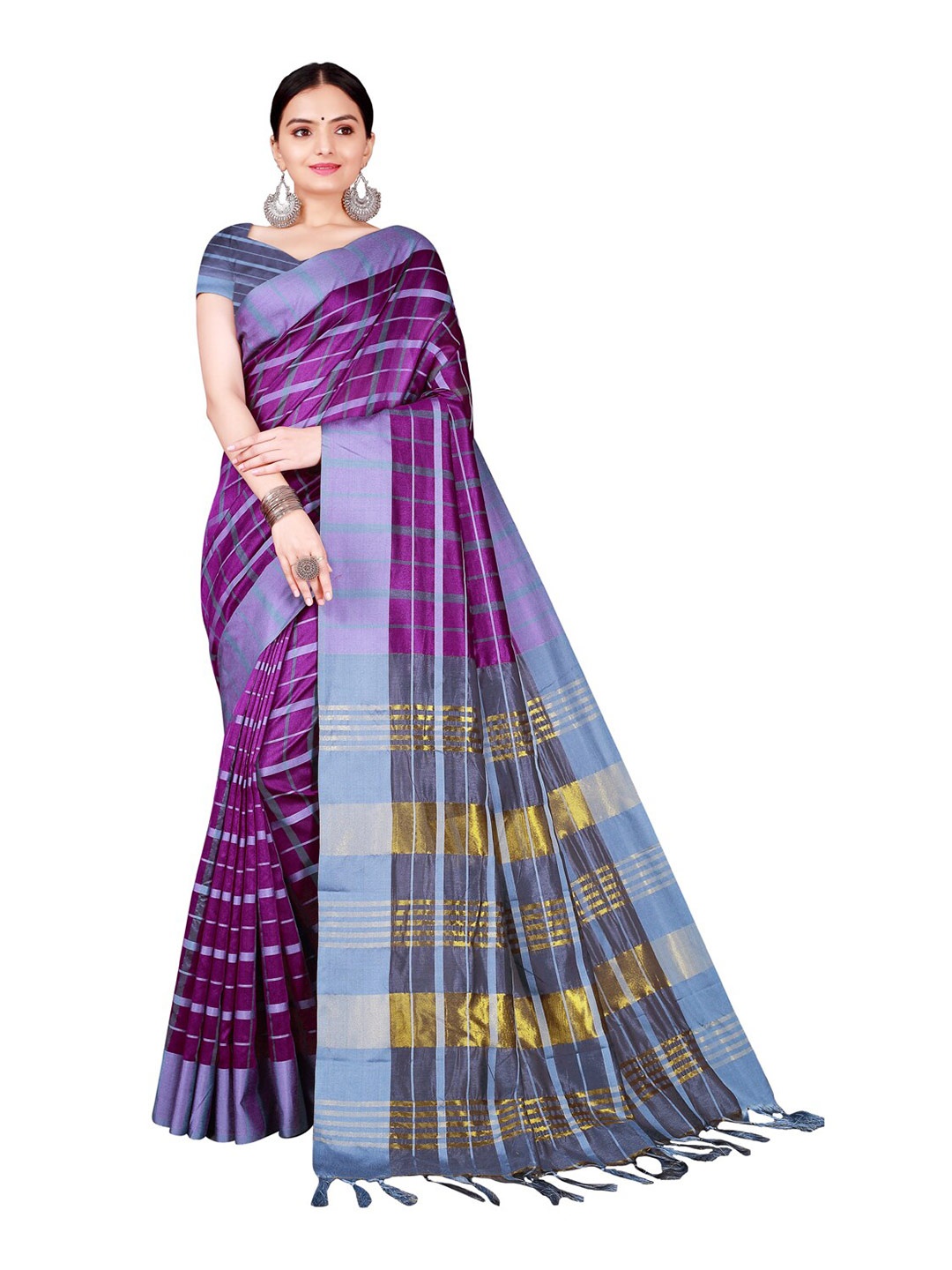 KALINI Purple Checked Silk Cotton Saree