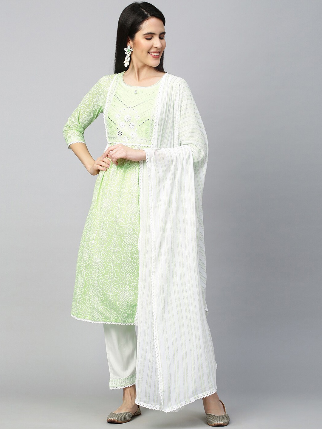 FASHOR Women Green Striped Pleated Mirror Work Kurta with Churidar & With Dupatta
FASHOR Women Green Striped Pleated Mirror Work Kurta with Churidar & With Dupatta