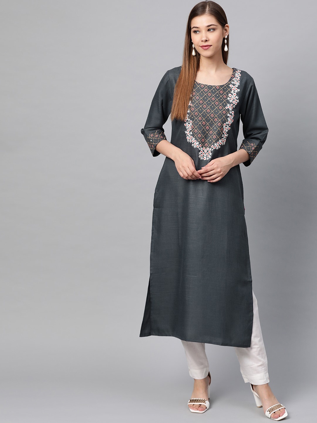 Varanga Women Charcoal Floral Yoke Design Thread Work Kurta