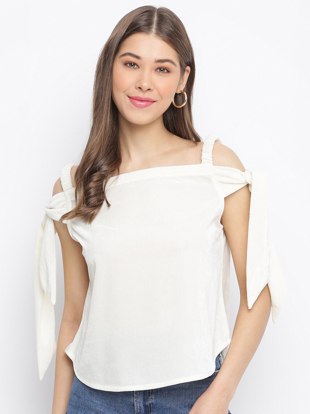 Mayra Women White Velvet Bardot Top